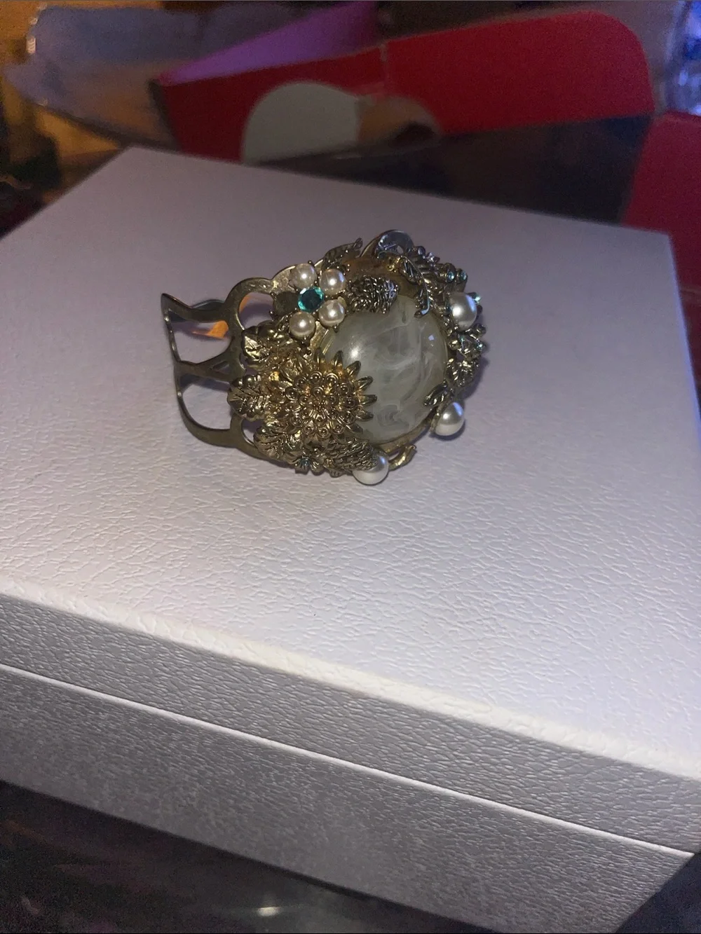 Vintage Gold Pearl like Floral Statement Bracelet